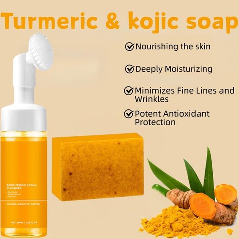 EIVJEC 4Pcs Turmeric Wash and Care Two Piece Set, Tuemeric Facial Cleanser & Turmeric Soap Combo, Face & Body Cleanser, Deep Cleansing，Bring a Bubble Net