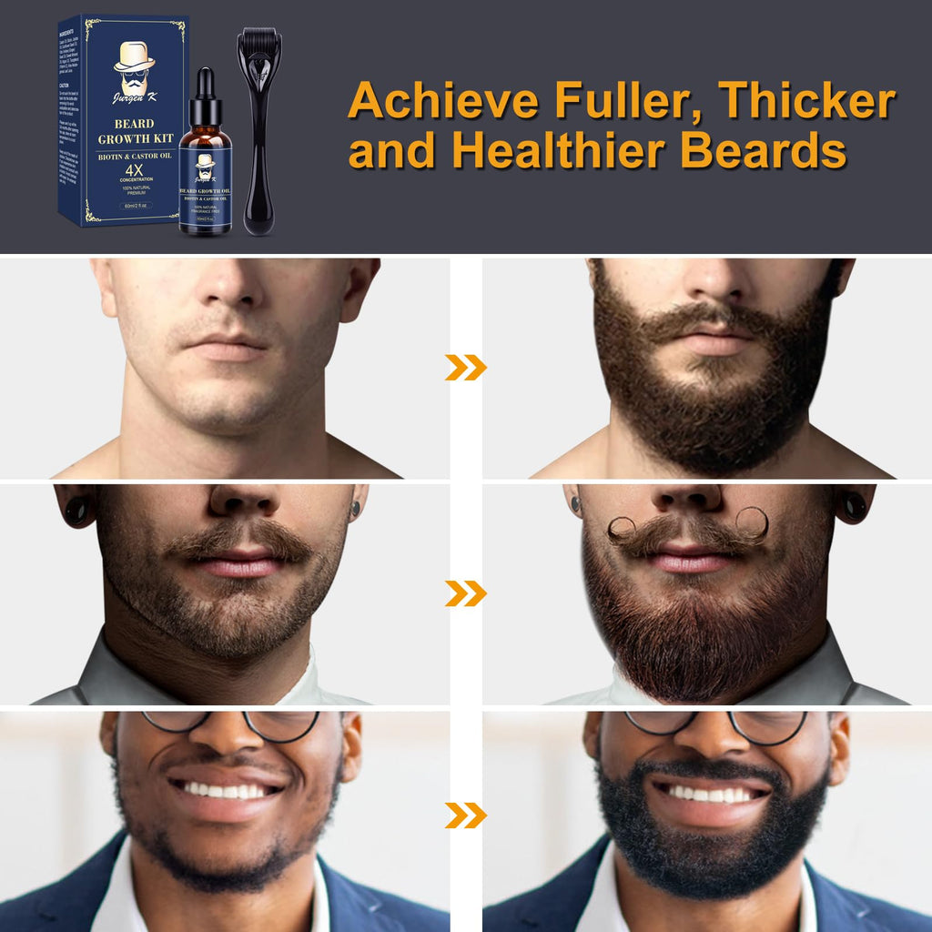 Beard Growth Kit, Beard Growth Oil (2Oz) w/Biotin & Castor Oil, Beard Massager for Patchy/Spot Beard, Beard Kit for Men's Grooming, Dad Day Gifts Fathers Day, Birthday Gifts for Him Boyfriend Husband