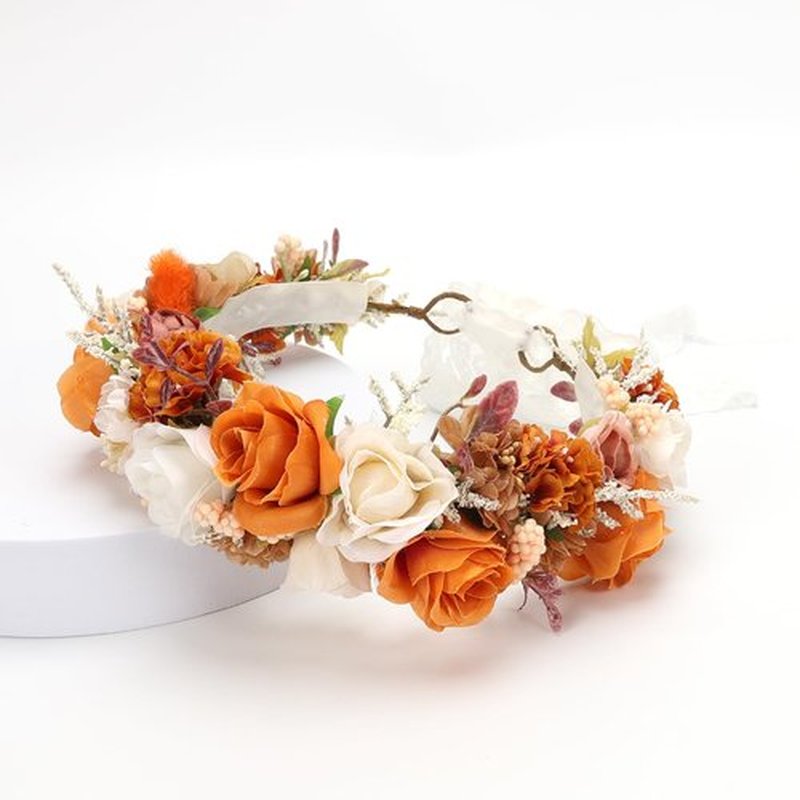 PoshMyra Burnt Orange Flower Crown for Girls Autumn Wedding Floral Holo Hair Headpiece Bridal Fall Wreath Young Bridemaid Crown Garland Photo Prop Headband