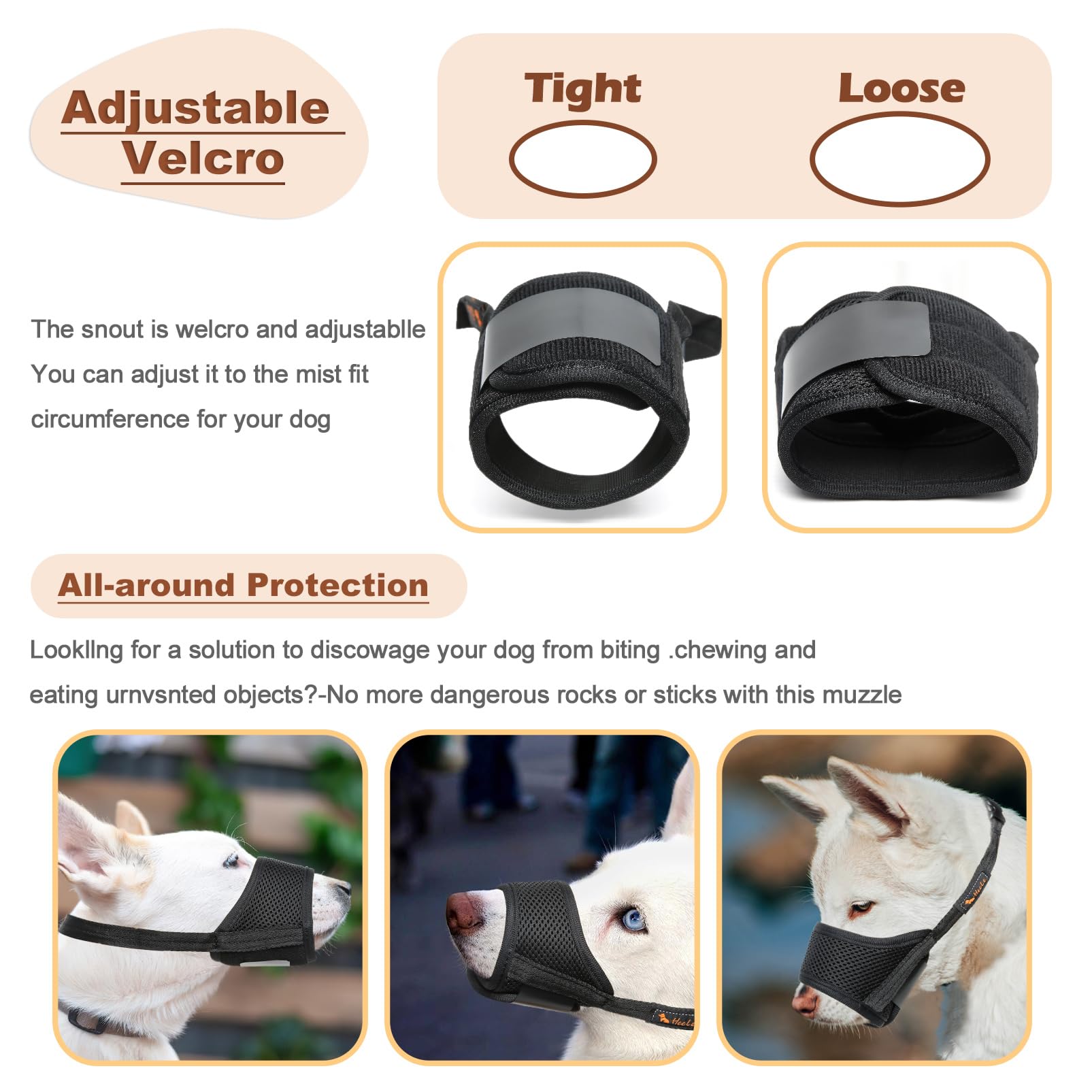 HEELE Dog Muzzle,Soft Nylon Muzzle Anti Biting Barking Chewing,Air Mesh Breathable Drinkable Adjustable Loop Pets Muzzle for Small Medium Large Dogs 4 Colors 4 Sizes (Black, S)