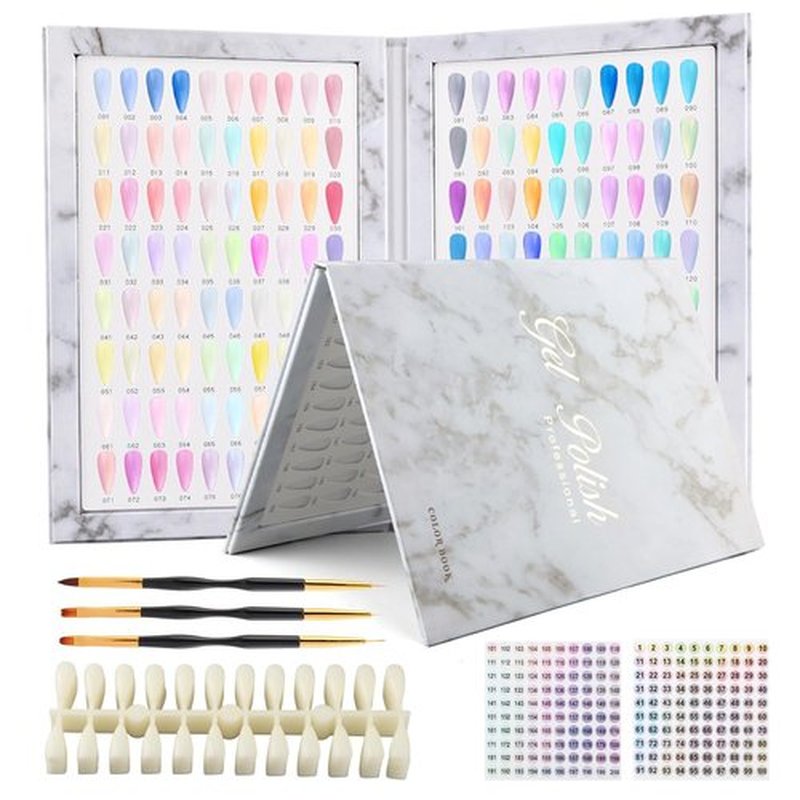 160 Nail Color Display Book with 240 Nail Tips and 1-200 Number Labels, Professional Gel Polish Colors Card Board Color Swatches Book with 3 Nails Pens for Nails Art Design