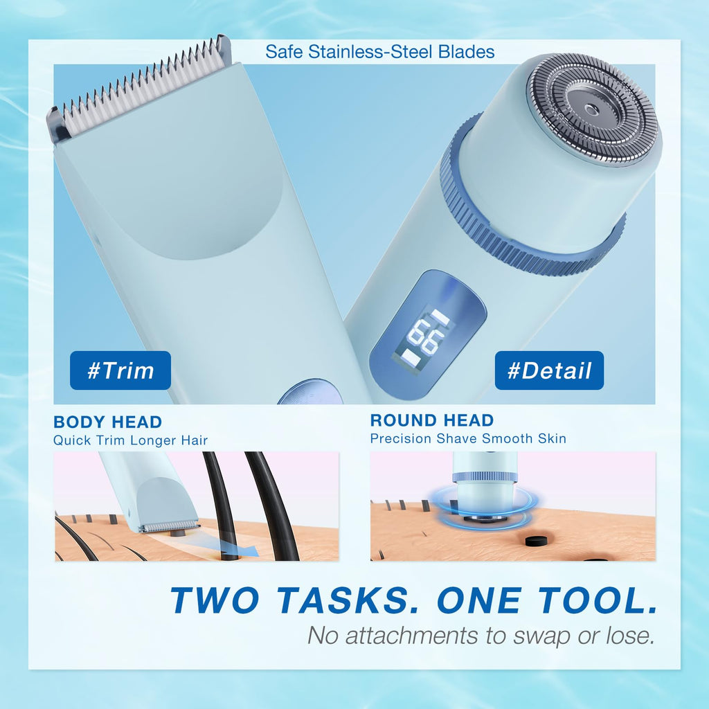 AMURS Bikini Trimmer for Women, Dual-Head Electric Body Hair Trimmer for Sensitive Areas, LED Battery Display, IPX7, USB-C Rechargeable Groomer for Bikini Line, Underarms, Legs & Face (Cloud Blue)