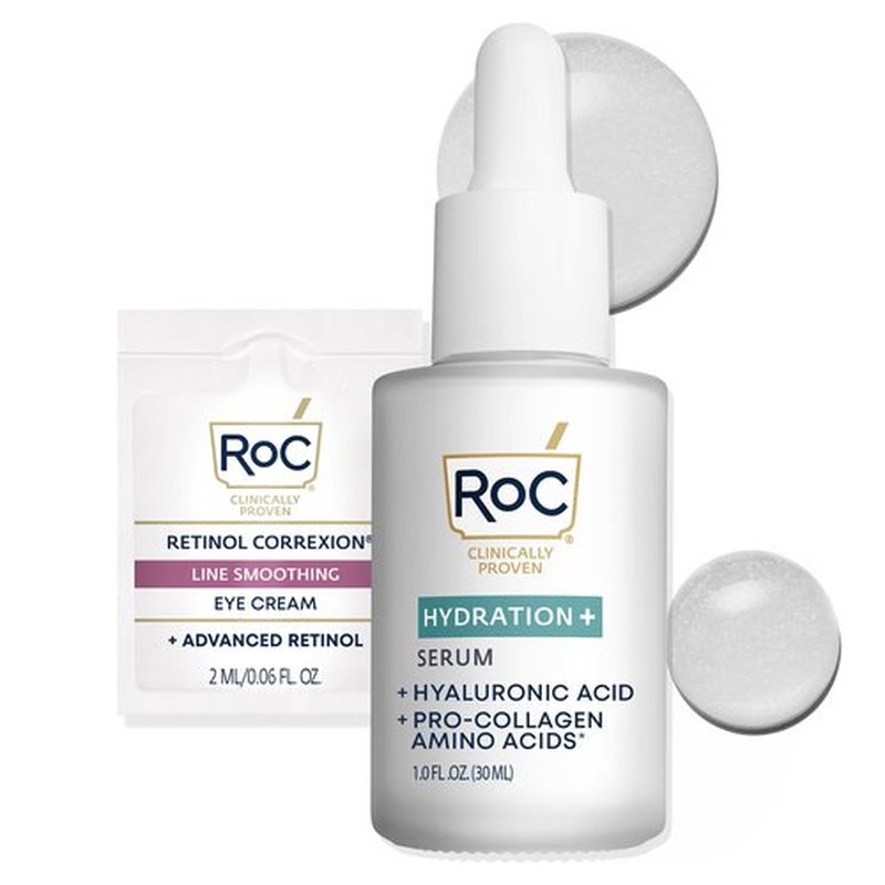RoC Hydration+ Hyaluronic Acid Serum for Face, Hydrating, Plumping, Fragrance Free, Lightweight Formula with Collagen Proteins (1 Ounce) with Retinol Eye Cream Packette