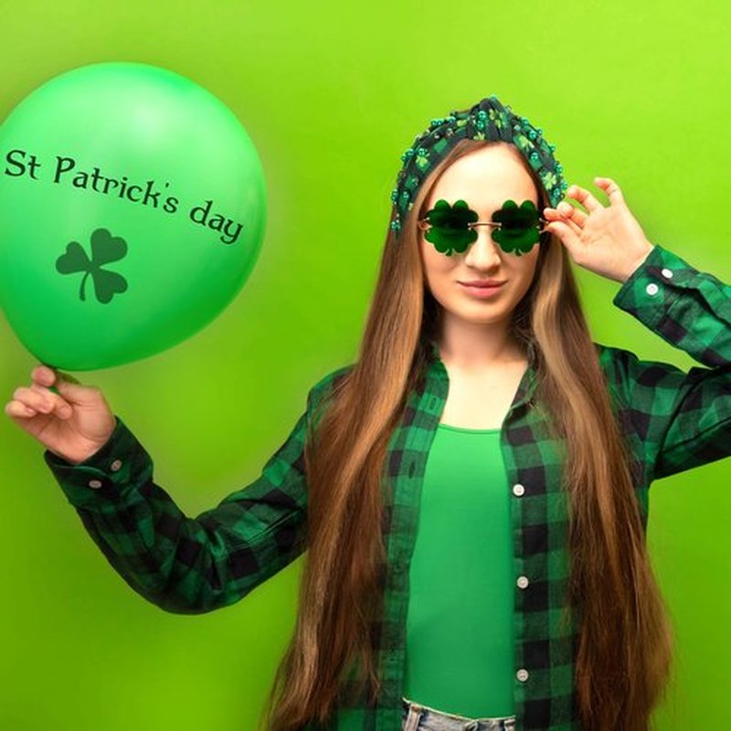 2 Pack St. Patrick's Day Headband for Women Clover Print Pearl Rhinestone Crystal Jeweled Embellished Ladies Wide Top Knot Green Grid Makeup Hair Hoop Accessory Holiday Party Costume Decor Prezzie