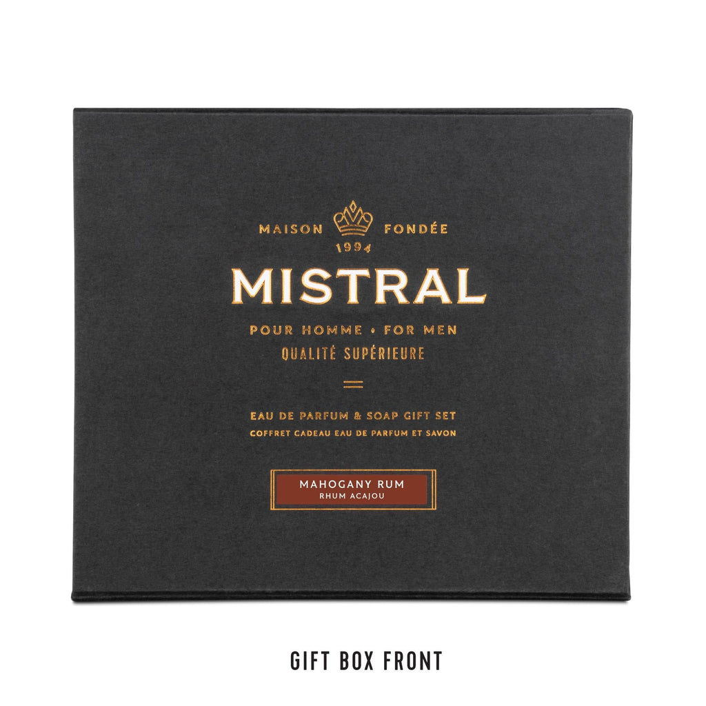 Mistral Mahogany Rum Men's Gift Set | Eau de Parfum 3.3oz Cologne Spray & 8.8oz Triple Milled Soap | Rum, Amber, Spice & Caramelized Woods Scent | Premium Men's Grooming Gift Set - Made in France