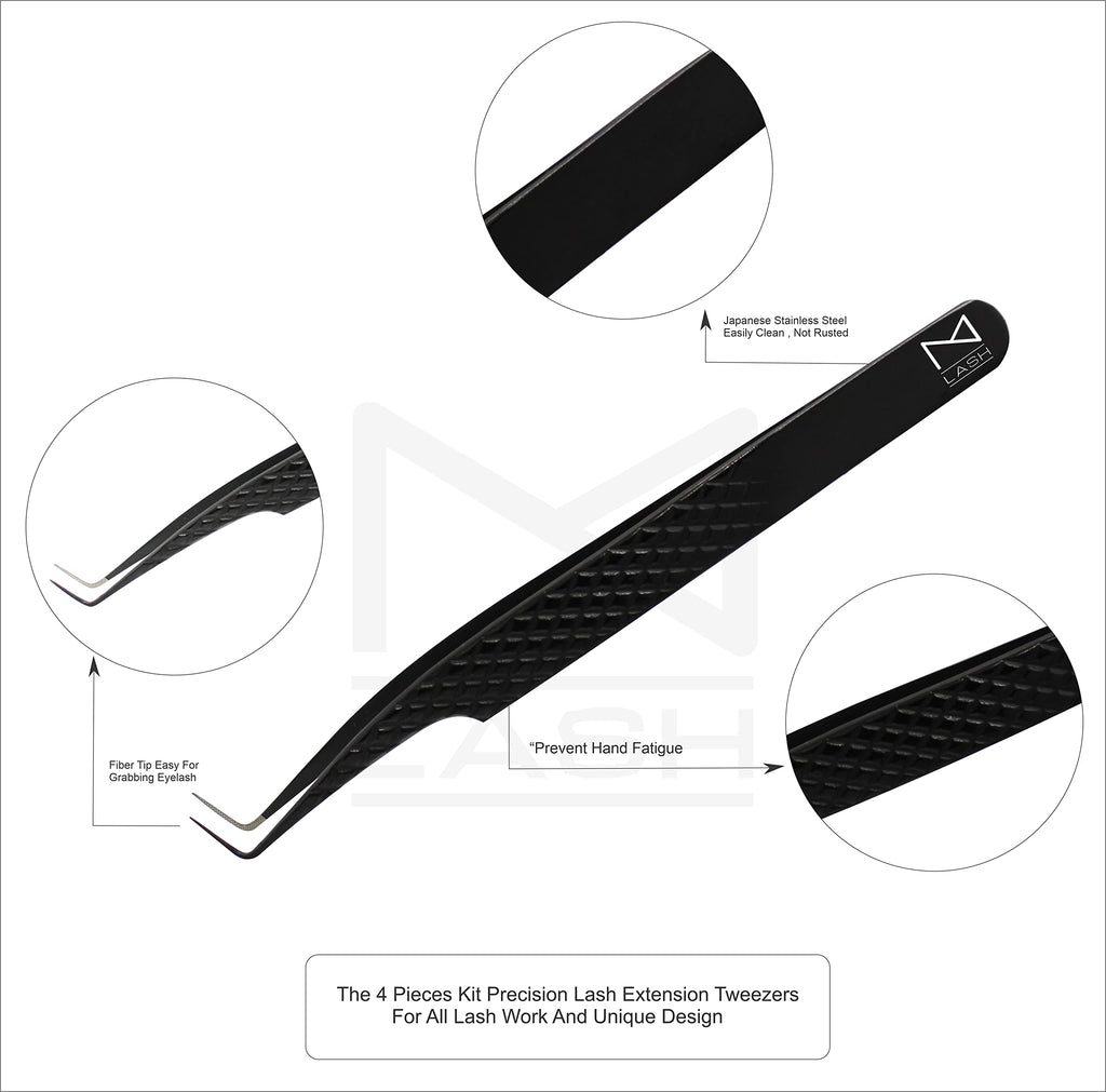 M LASH tweezers for Eyelash Extension (Set of 4) - Professional & Precision Eyelash tweezers - Japanese Steel, Diamond Grip, Fiber Tip V3 lash applicator tool (Black)