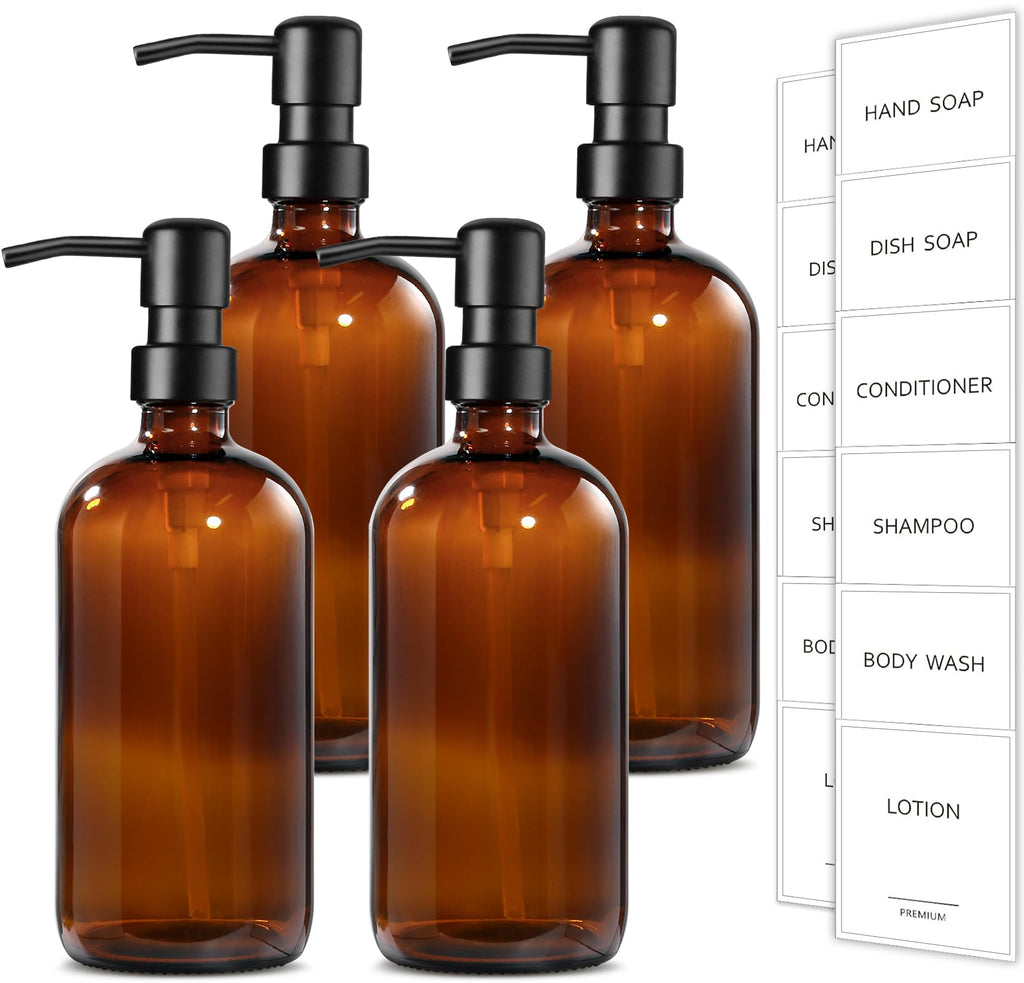 GMISUN Amber Glass Soap Dispenser, 4 Pack Bathroom Hand Soap Dispensers with Stainless Steel Pump, 17 Fl Oz Kitchen Hand and Dish Soap Dispenser Set, Modern Vintage Liquid Brown Soap Dispensers Bottle