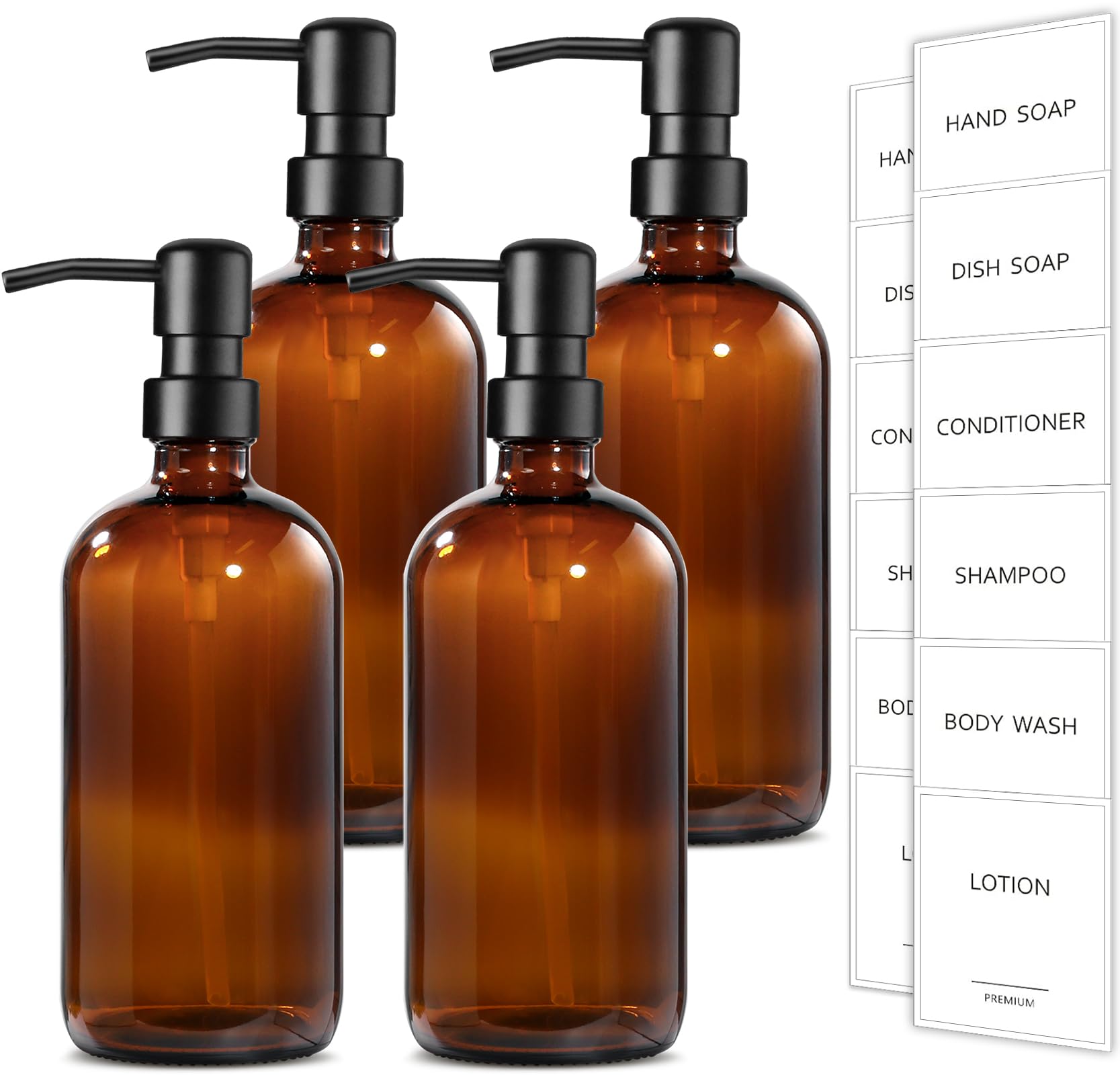GMISUN Amber Glass Soap Dispenser, 4 Pack Bathroom Hand Soap Dispensers with Stainless Steel Pump, 17 Fl Oz Kitchen Hand and Dish Soap Dispenser Set, Modern Vintage Liquid Brown Soap Dispensers Bottle