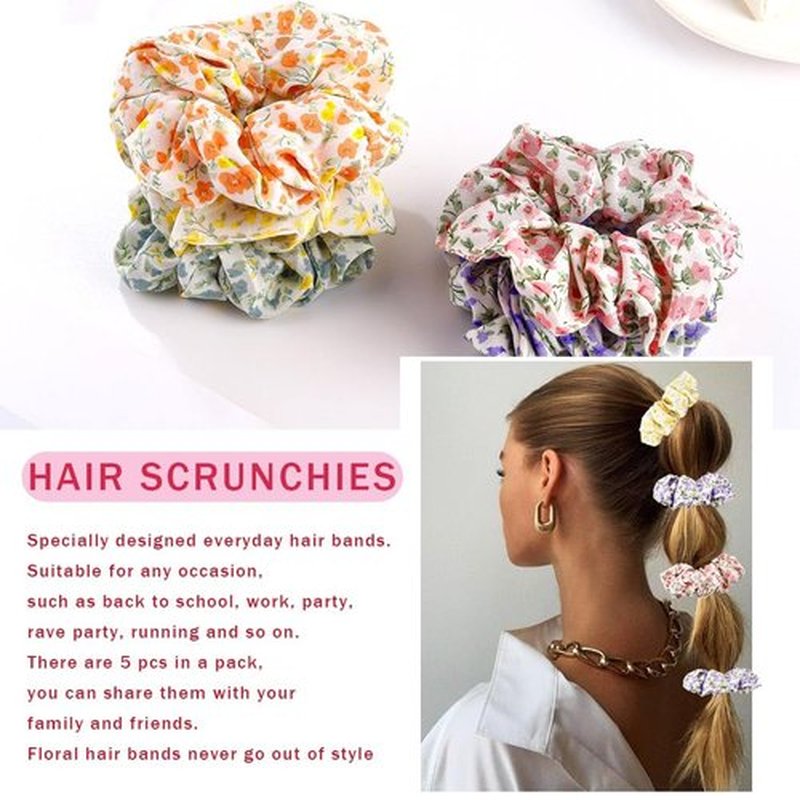 Jewemia Scrunchies for Women Floral Scrunchies Elastic Bracelet Ponytail Holders Hair Accessories for Women and Girls 6pcs (Flower-2)