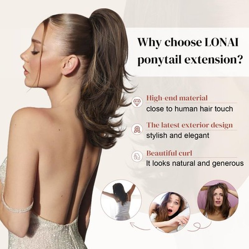 LONAI Ponytail Extension for Women,18 Inch Layered Wavy Pony Tail Hair Extensions, Natural Drawstring Ponytail Synthetic Hairpiece for Daily Wear (Brown with Blonde Highlights)