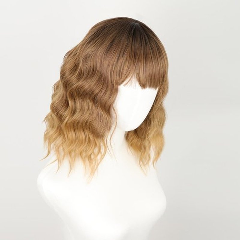 Twobla Rooted Mocha to Caramel Brown Latte Ombré Bob Wig With Bangs For Women | 16 Inch Bob Wavy Wig With Curtain Bangs | Heat Resistant, Wear & Go, No Glue Needed | Cosplay Use
