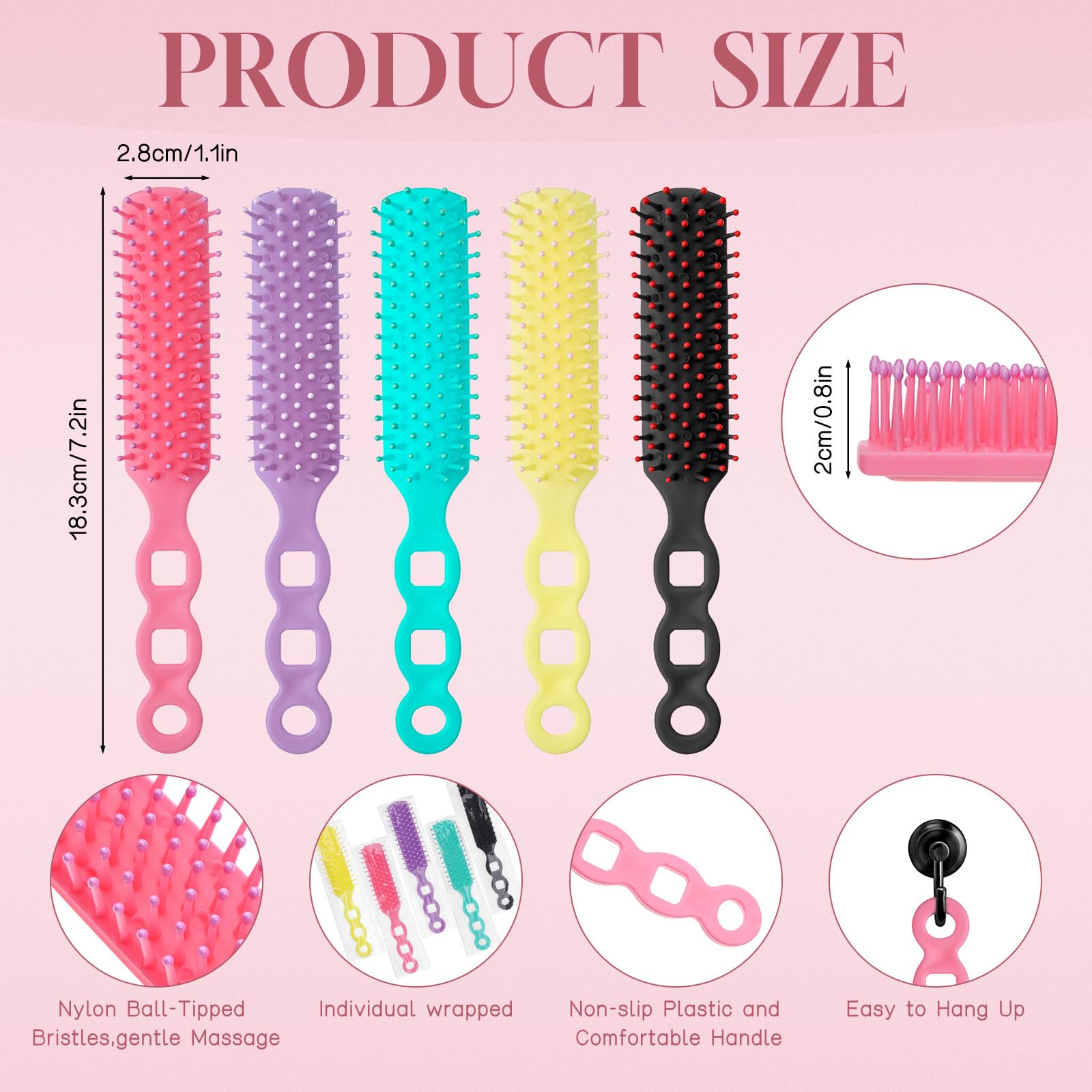 Hair Brushes in Bulk Individually Wrapped for Homeless,Plastic Hair Brush for Curly Wavy Hair,Detangling Hair Brush for Shelter Hotel Nursing Charity (yellow green purple pink black) (pack of 50)