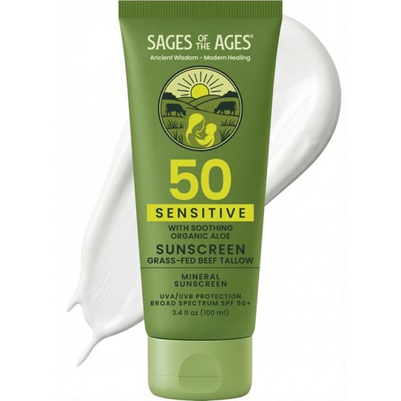 Organic Tallow Mineral Sunscreen SPF 50 with Non-Nano Zinc Oxide — Reef Safe UVA/UVB Broad Spectrum Sunblock, Water Resistant 80 Min, Moisturizing Lotion for Face & Body, 3.4 fl oz