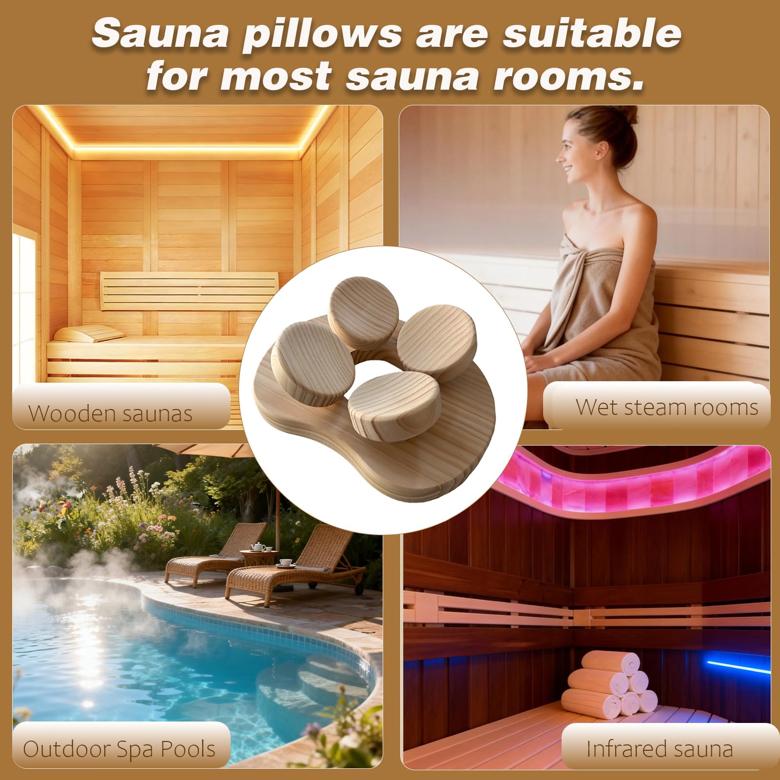 Benks Wooden Sauna Headrest with rotatable disc, Sauna Pillow，Sauna Accessory for Stiff Neck, Shoulder Pain, Head Health and Relaxation