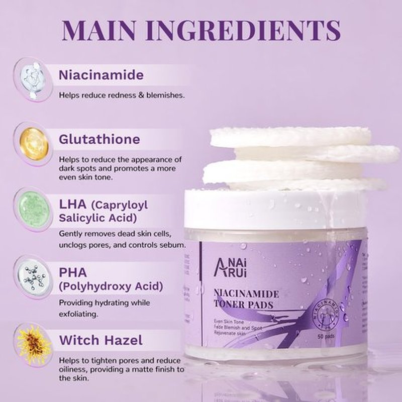 ANAI RUI Niacinamide Toner Pads,with Glutathione, Niacinamide, LHA, PHA, Facial Radiance Wipes for Even Skin Tone, Reduce Blemish and Spots 50 Pads