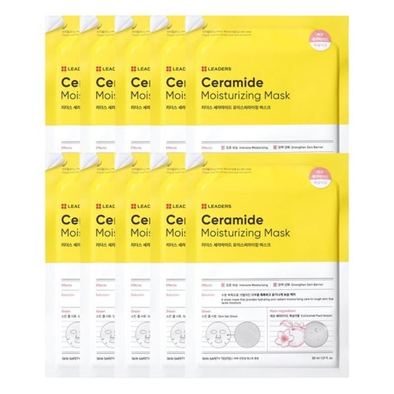 LEADERS Insolution Ceramide Moisturizing Mask - Hydrates, Moisturizes, Nourishes Rough & Dry Skin | Strengthens Skin Barrier, Easy Peel Pouch, Safe & Gentle for All Skin Types - 10 Sheets