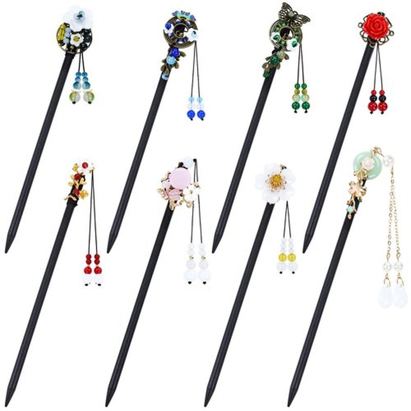 Lawie 8 Pack Wooden Hair Sticks Wood Chinese Hair Pins with Tassel Dangle Crystal Beads Flower Long Hair Chopstick Picks With Charm for Twist Bun Holder Fork Hair Slides Hair Accessories for Women