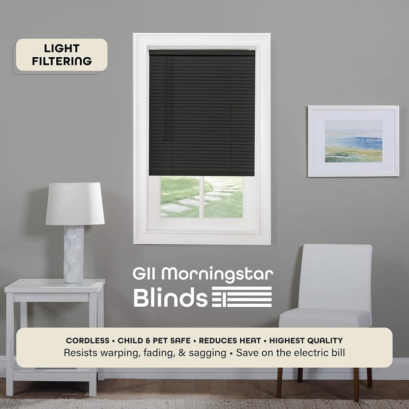 Achim Home Decor Cordless Mini Blinds - Light Filtering, 26" W x 64" L, 1" Slat Size - Black