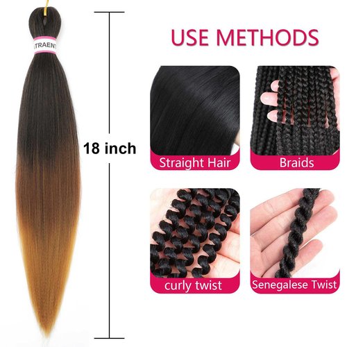 ATRAENTE Prestretched Braiding Hair 18 Inch Ombre Braiding Hair Pre Stretched 8 Packs Hot Water Setting Yaki Texture Hair Braids 1B/30/27