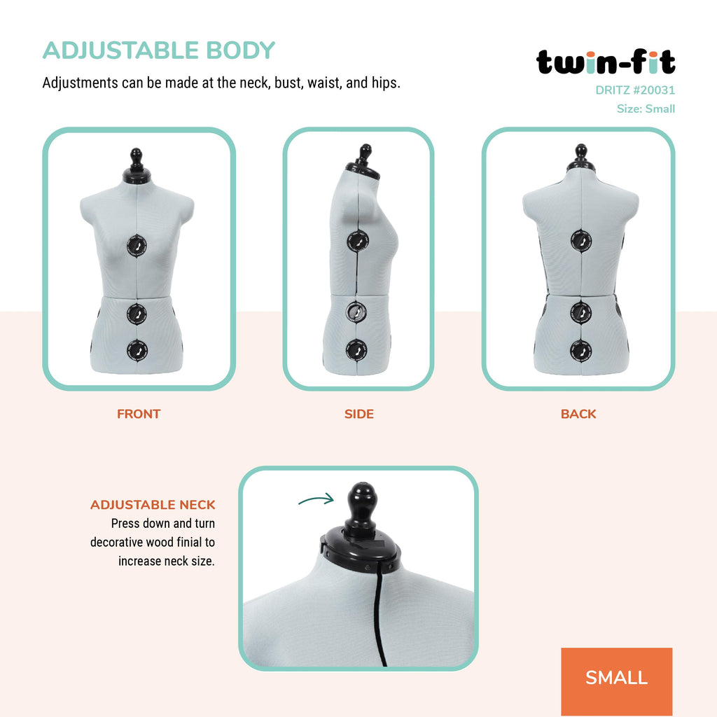 Dritz Twin-Fit Adjustable Dress Form - Small Sizes US 4-10 - Female Clothing Mannequin for Sewing, Fitting, and Draping - Pinnable Sewing Mannequin with 13 Dials for Fitting + 360 Hem Guide
