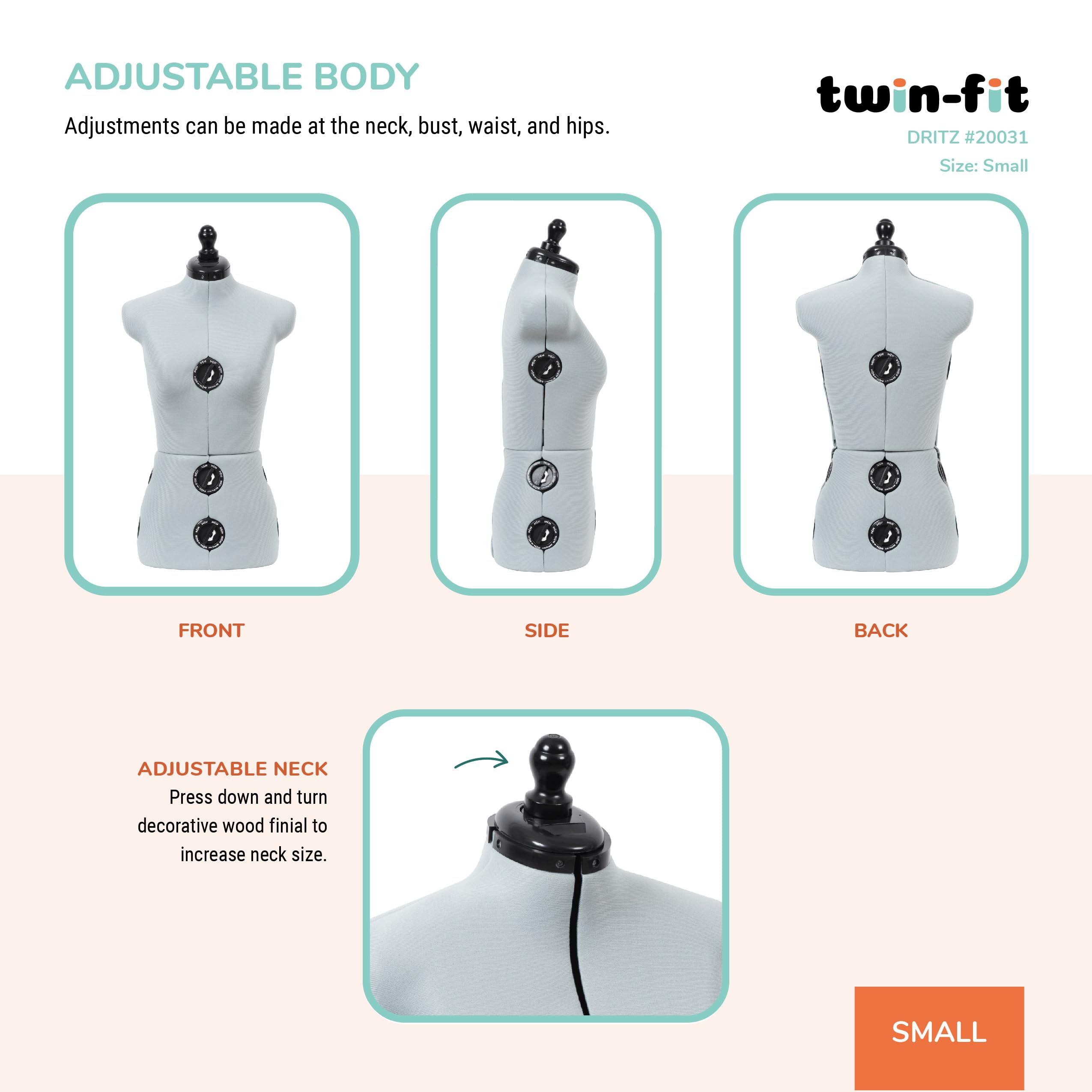 Dritz Twin-Fit Adjustable Dress Form - Small Sizes US 4-10 - Female Clothing Mannequin for Sewing, Fitting, and Draping - Pinnable Sewing Mannequin with 13 Dials for Fitting + 360 Hem Guide