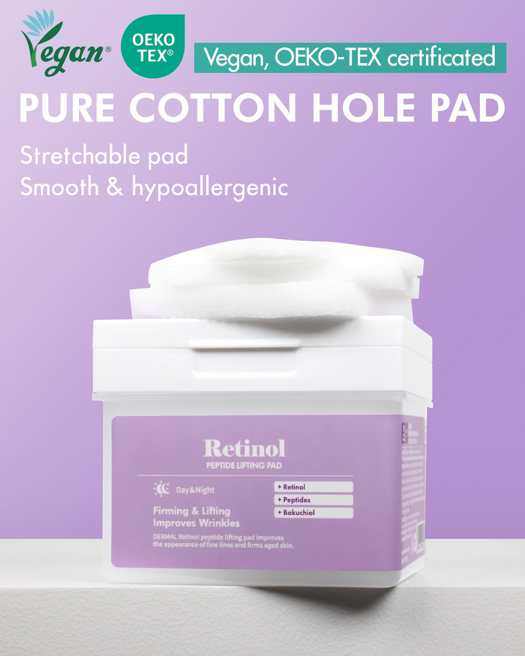 DERMAL Retinol Peptide Lifting Pad - Korean Toner Pad for Anti-Aging & Wrinkles with Bakuchiol - Vegan Pure Cotton Square Pads - Travel Kit 12 Pads, 3 Pack (Total 36 ea)