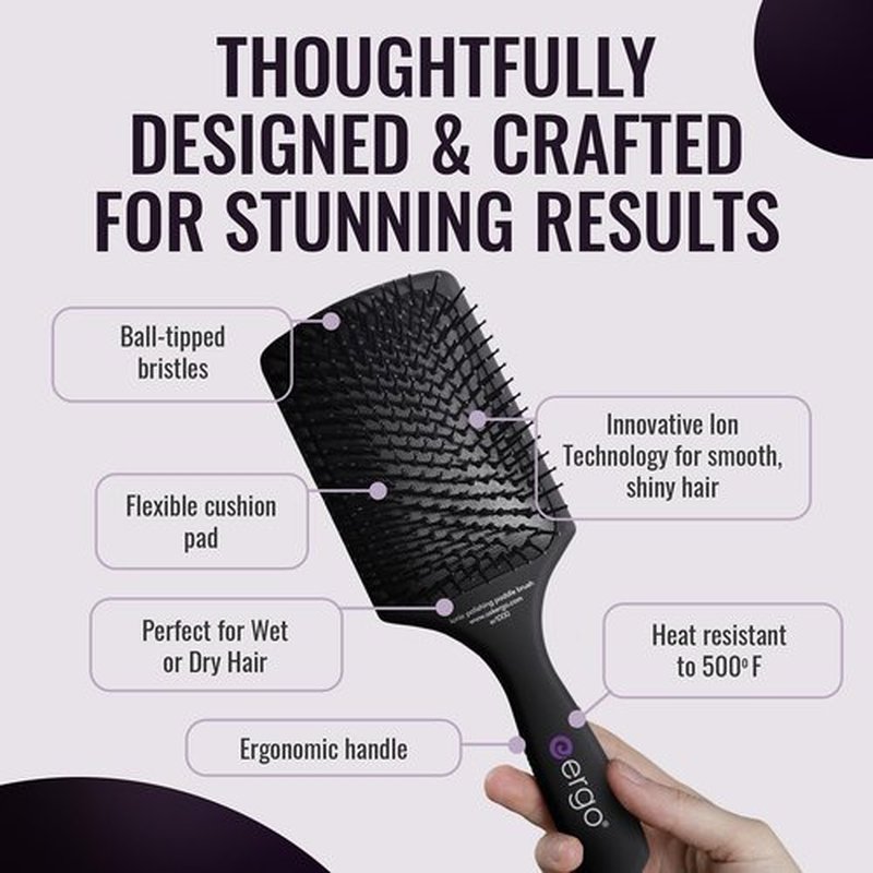 ERGO Ionic Paddle Hair Brush - Large Detangling Tool for Wet & Dry Hair Care, Long-Lasting Shine (ER1000)