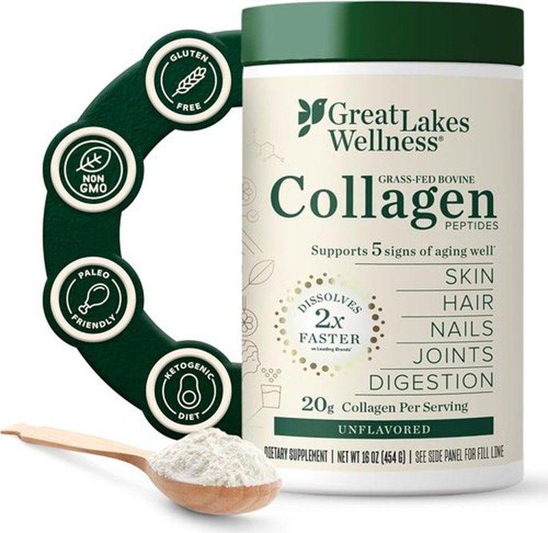 Great Lakes Wellness Collagen Peptides Powder - Hydrolyzed, Quick-Dissolve Formula for Skin, Hair & Joints - Non-GMO, Keto & Kosher (16 oz, 22 Servings)