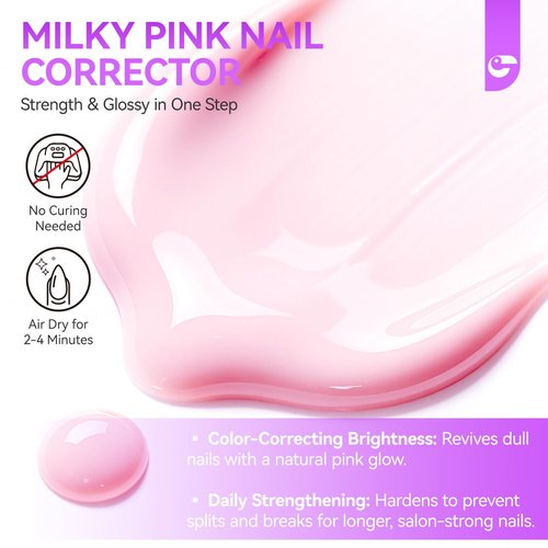 Gelike EC Nail Strengthener and Growth Polish: Milky Pink Protein and Vitamin Enriched Quick Dry Hardener Repair for Brittle Thin Damaged Nails at Home DIY Salon Quality Vegan 16ml No UV Need