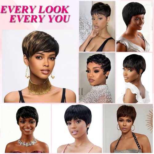 Short Layered Pixie Cut Wig Human Hair for Black Women Multicolor Brazilian Virgin Straight Human Hair Pixie Wigs with Bangs Glueless None Lace Front Full Machine Made Wigs Black and Blonde 1B27