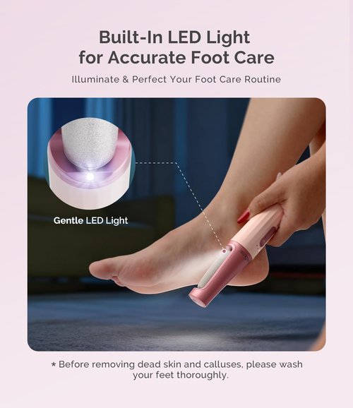MelodySusie Electric Callus Remover for Feet, PC800G IPX7 Waterproof Rechargeable Pedicure Tool with LED Light & 3 Grits Roller Heads & Adjustable Speeds, for Dead Skin & Cracked Heel, Pink Rose