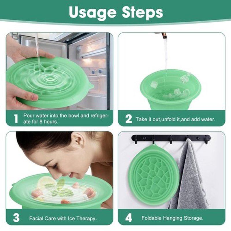 Face Bowl for Ice With Built-in Ice Tray Collapsible Silicone Facial Face Ice Bath Bowl Small Reusable Cold Plunge Basin is Portable,Perfect for Home Use,Camping,Travel Cold Bath Spa Tool & Green