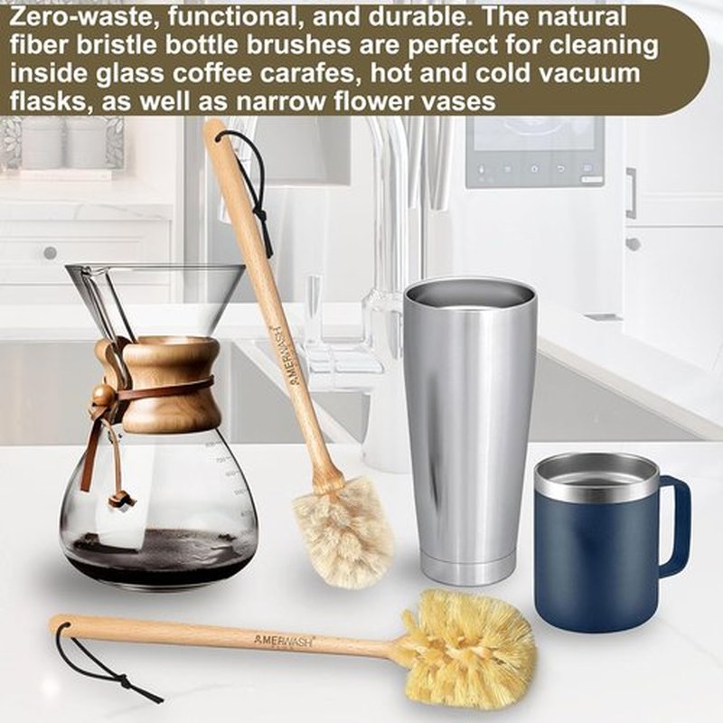 Natural Bristle Bottle Brushes by [Brand Name] - 13.75-Inch Wood Handle for Cleaning Jars, Glasses & Vases | 2-Pack