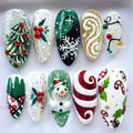 30Pcs Christmas Handmade Press on Nails Medium Almond Christmas Fake Nails Cute Snowman Lights Designs Xmas Acrylic Nail Winter Snowflake Glue on Nails Xmas Tree Holly Leaf False Nails for Women