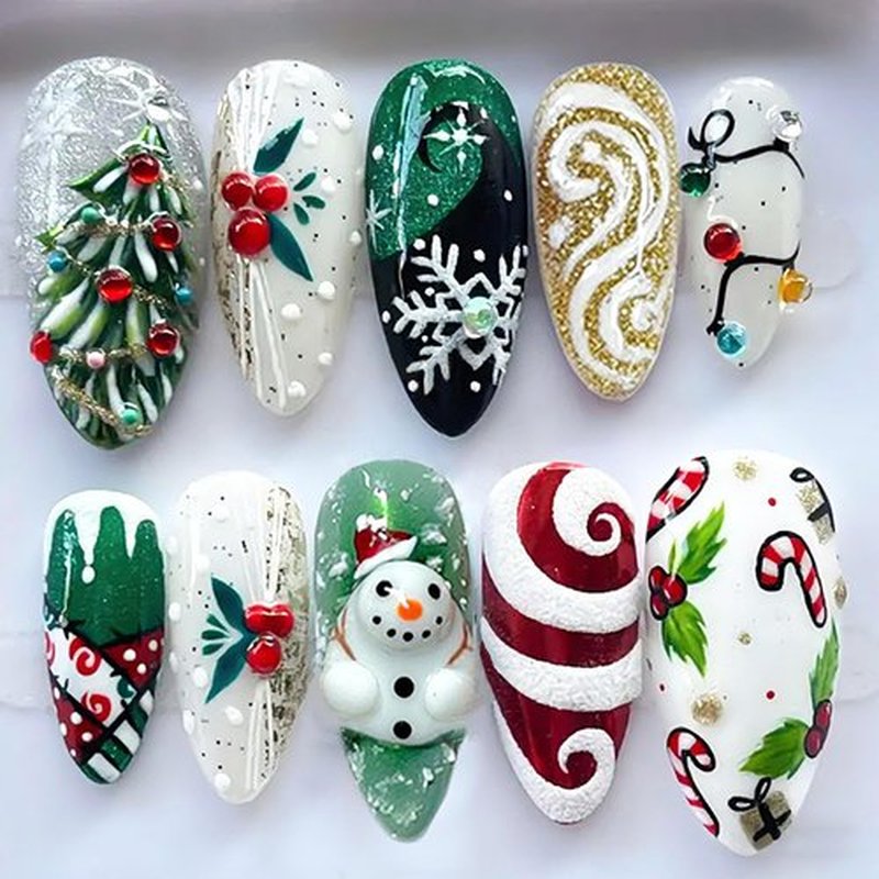 30Pcs Christmas Handmade Press on Nails Medium Almond Christmas Fake Nails Cute Snowman Lights Designs Xmas Acrylic Nail Winter Snowflake Glue on Nails Xmas Tree Holly Leaf False Nails for Women