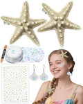 Starfish Hair Clip Mermaid Accessories: 6-PCS Halloween Costume Accessories for Women Girls Mermaid Sea Party Cosplay, Hair Clips Set with Face Glitter Gel Seashell Earrings Pearl Stickers (Realistic)