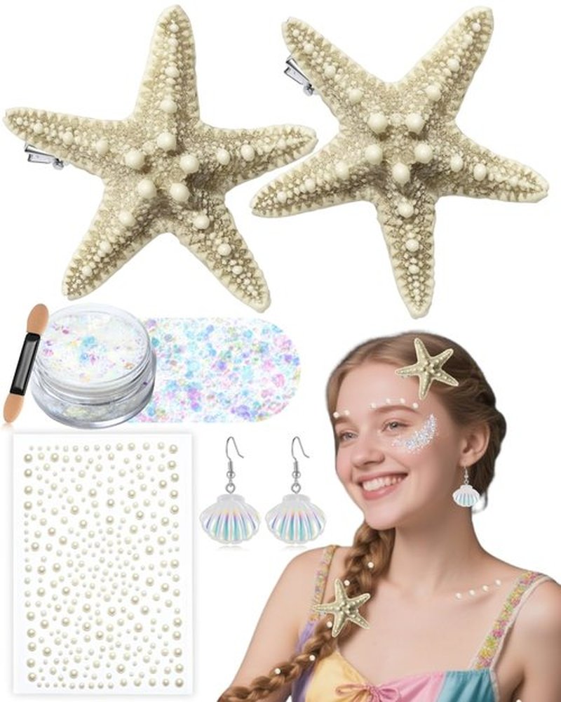 Starfish Hair Clip Mermaid Accessories: 6-PCS Halloween Costume Accessories for Women Girls Mermaid Sea Party Cosplay, Hair Clips Set with Face Glitter Gel Seashell Earrings Pearl Stickers (Realistic)