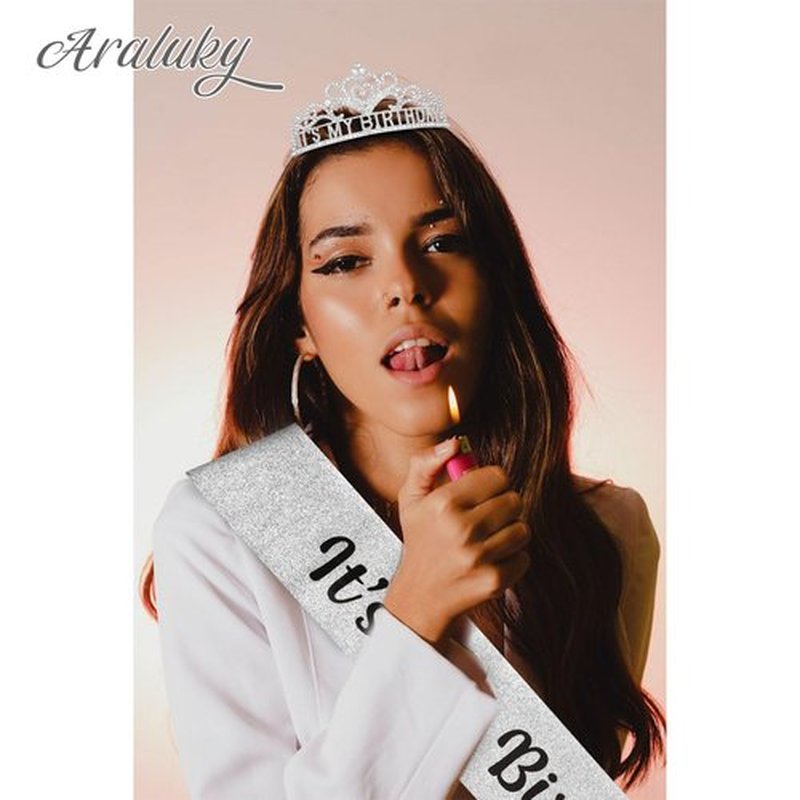 Araluky Silver Birthday Crown Adult Woman & Glitter It's My Birthday Sash for Women Princess Tiara for Parties Favors Party Decorations