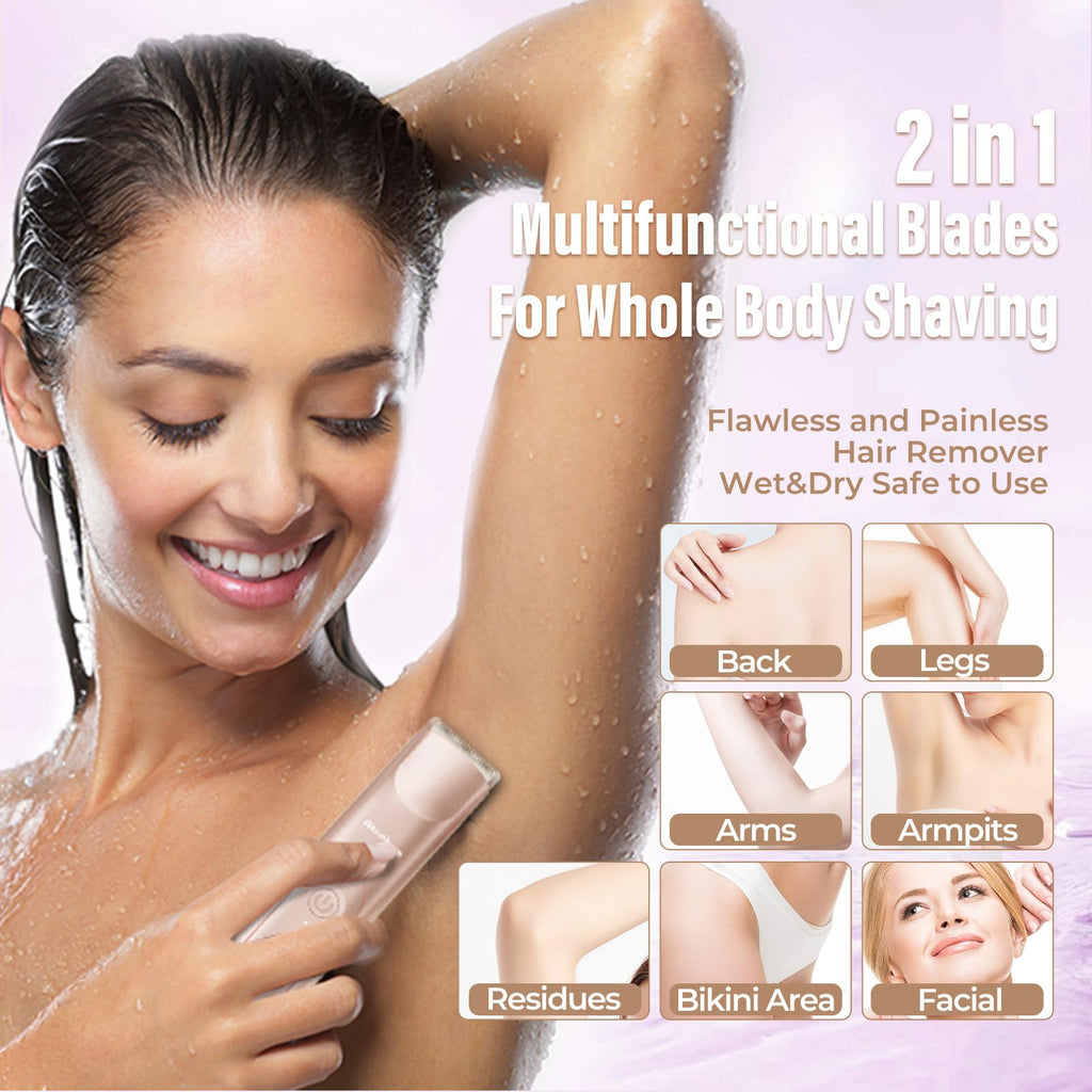Bikini Trimmer for Women - 2 in 1 Electric Razors for Women - Dual Head Electric Shaver - IPX7 Waterproof Wet & Dry Use Body Hair Trimmer and Facial Hair Remover for Bikini Underarm Leg Arm (Gold)