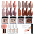 AZUREBEAUTY Dip Powder Nail Kit, 4 Colors Nude Dark Brown with Dried Flower Set, Fall Winter Natural Dipping Powder Starter Liquid Set Recycling Tray with Base & Top Coat Activator ﻿