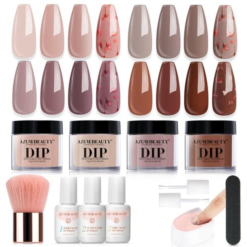 AZUREBEAUTY Dip Powder Nail Kit, 4 Colors Nude Dark Brown with Dried Flower Set, Fall Winter Natural Dipping Powder Starter Liquid Set Recycling Tray with Base & Top Coat Activator ﻿