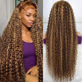 Harmsh 30inch Highlight Ombre Lace Front Wig Human Hair Deep Wave 13x6 HD Honey Blonde Lace Frontal Wigs P4/27 Curly Human Hair Wig Glueless Wigs Human Hair