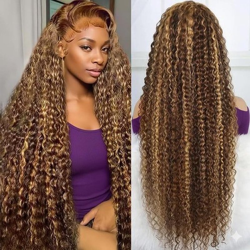 Harmsh 30inch Highlight Ombre Lace Front Wig Human Hair Deep Wave 13x6 HD Honey Blonde Lace Frontal Wigs P4/27 Curly Human Hair Wig Glueless Wigs Human Hair