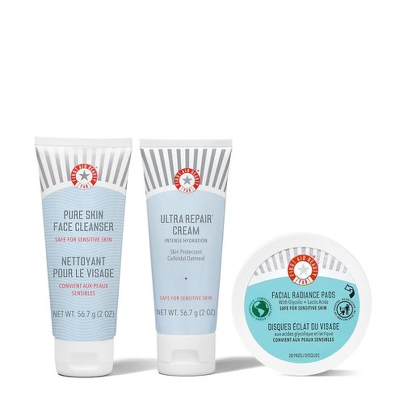 First Aid Beauty - Ultimate Hydration Travel Bundle | Pure Skin Cleanser, Ultra Repair Cream & Radiance Pads (2 oz & 28 Pads)