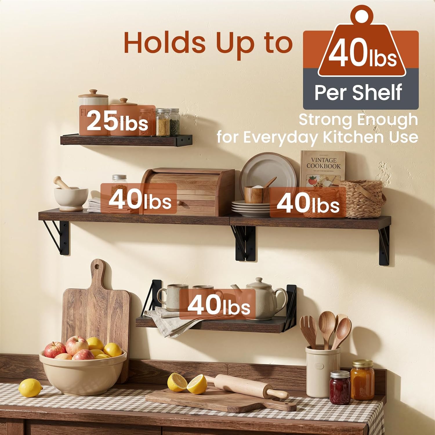 BAYKA Floating Wall Shelves - Rustic Wood Bathroom & Living Room Decor | Set of 4 in Rustic Brown