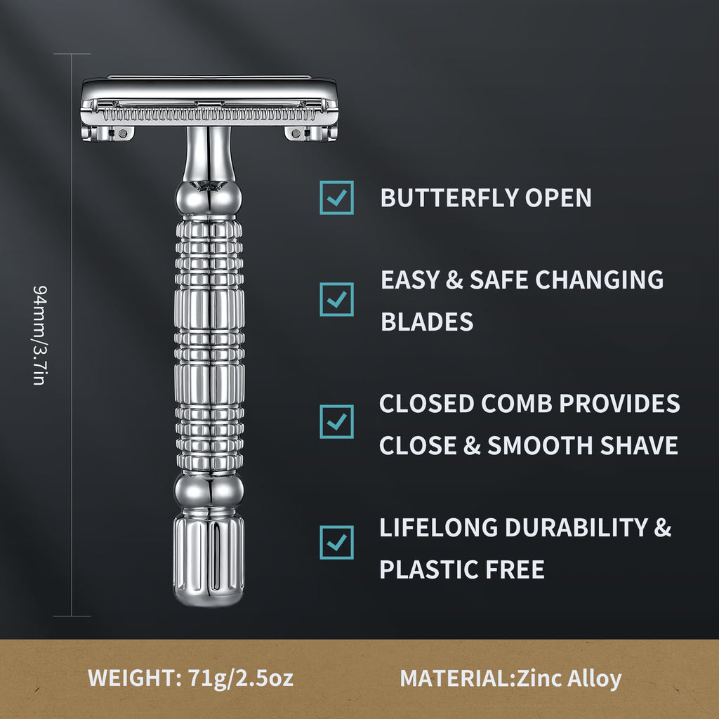 Gearhub Butterfly Double Edge Safety Razor Reusable Stainless Metal Wet Shaving Razor with 10 Swedish Platinum Blades for Men Women Barber Bikini Armpit Hair GR179