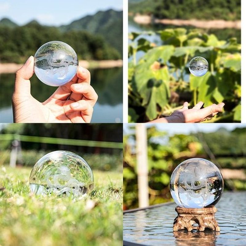 HDCRYSTALGIFTS 3D Inner Carved Dragon Crystal Ball - 60mm Glass Paperweight with Wooden Base for Lucky Birthday Gift