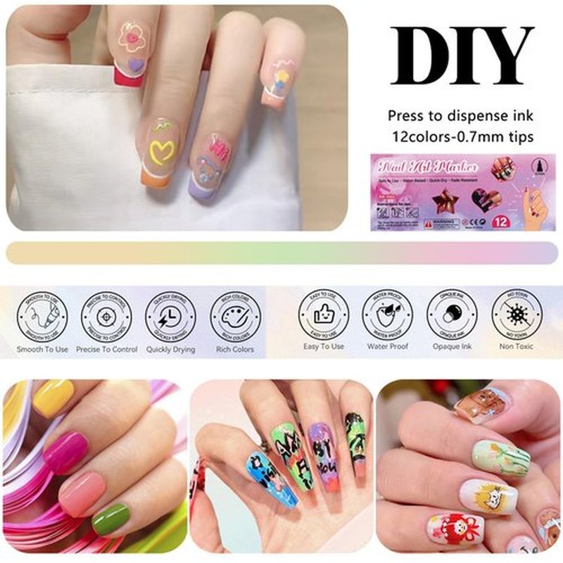 12 Colors Nail Art Pens Set - 0.7MM 3D Nail Polish Pens Acrylic Paint Pens Acrylic Nail Markers for Nail Art Drawing Painting Nail Point Dotting Tool Liner Pen Manicure Tools Design Kit for Home Salon