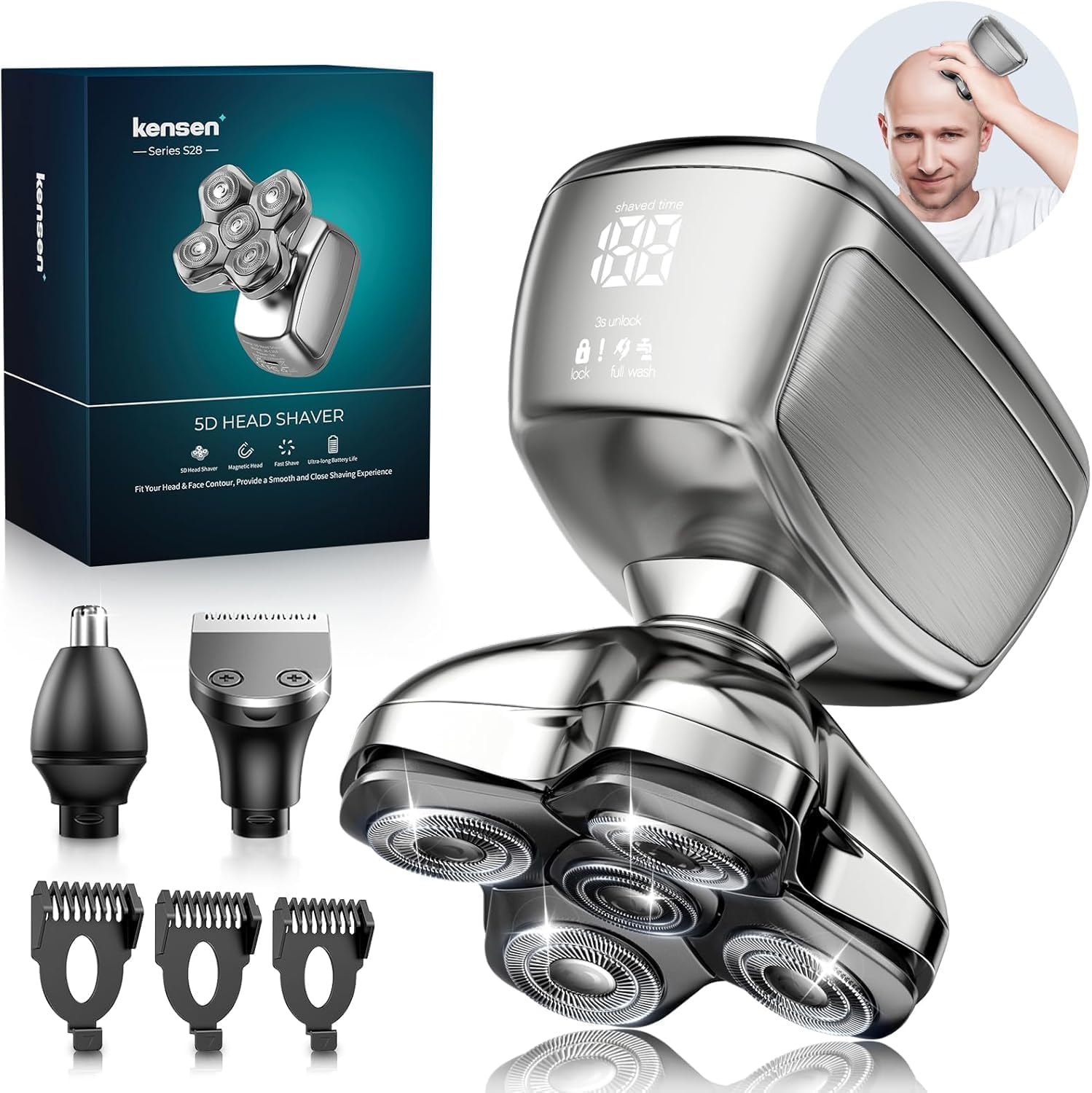 5D Head Shavers for Bald Men - 6 in 1 kensen Upgraded Magnetic Head Body Shaver for Mens, Christmas Gift Wet/Dry Bald Head Shavers for Men IPX6 Waterproof LED Display USB-C Charge Head Razors for Bald