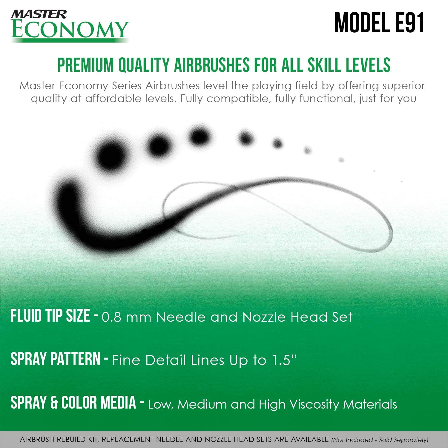 Master Airbrush Model E91 Airbrush Set Master Single-Action External Mix Siphon Feed Airbrush Set with 0.8mm Tip and 1/8" air Inlet
